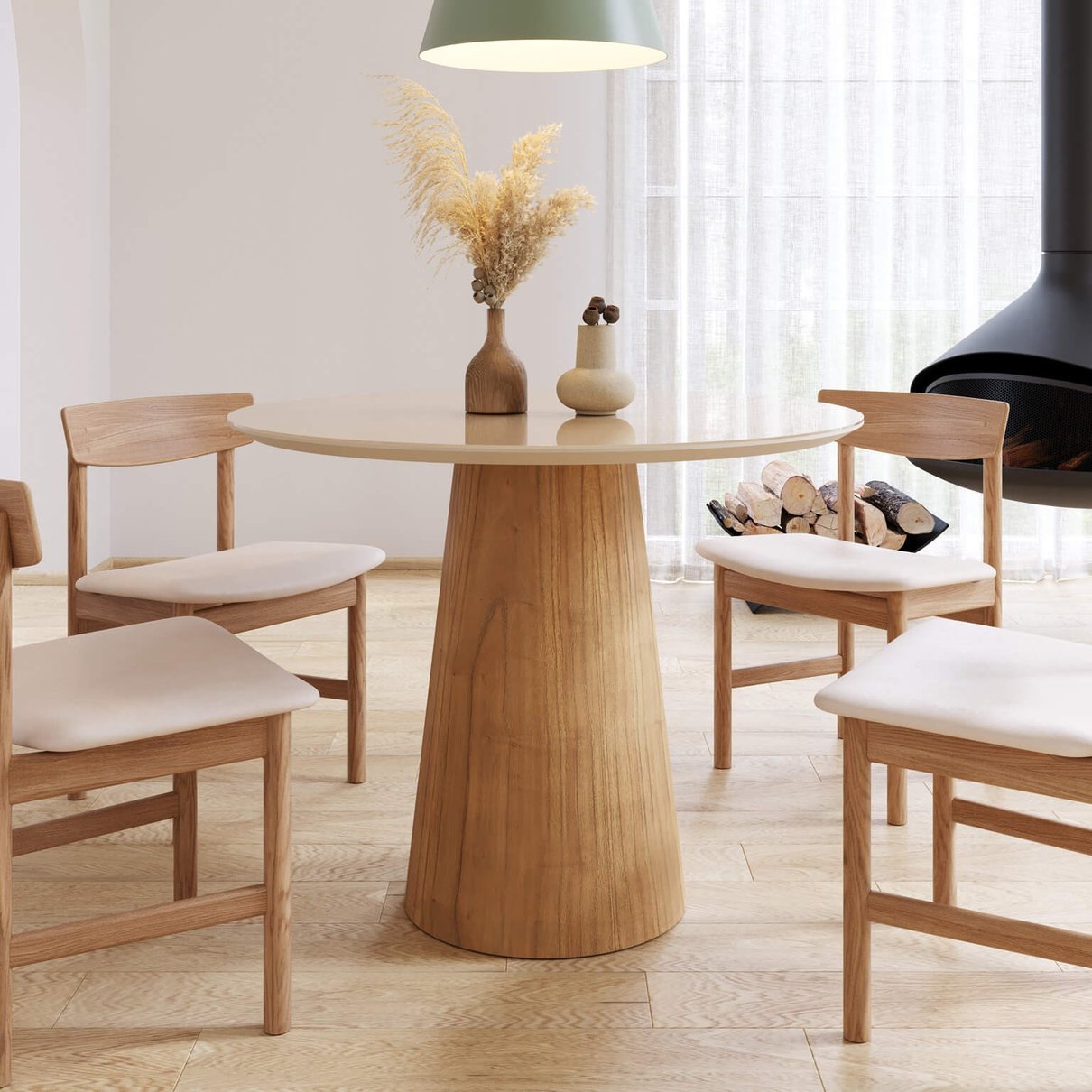 mesa de jantar redonda com vidro 100cm mel cinna mudeso 1