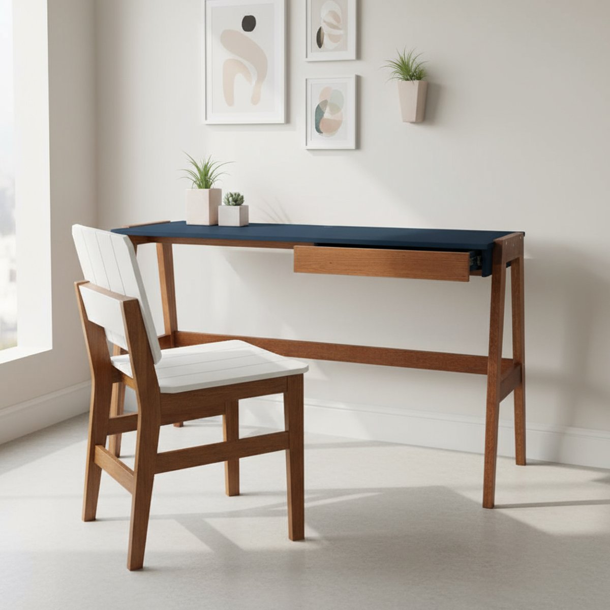 Escrivaninha Dior 134cm Natural/Azul Petróleo – Madeira Maciça