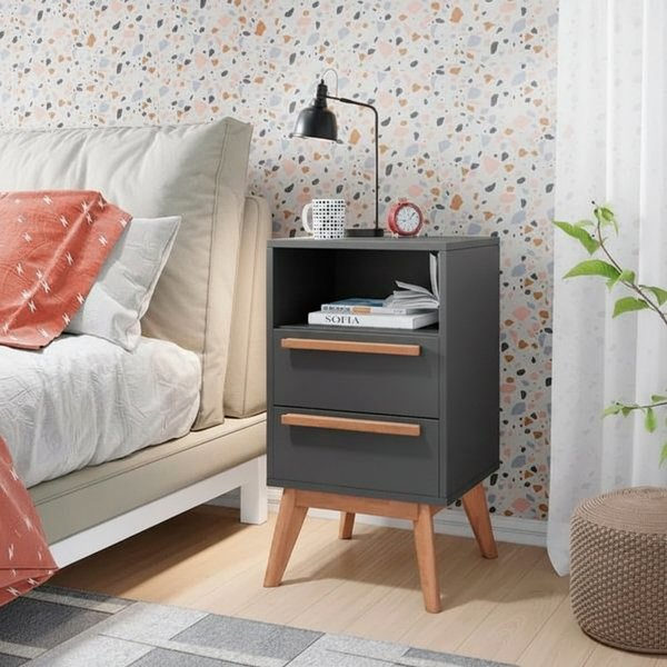 mesa de cabeceira lotus em madeira minimalista cinza chumbo