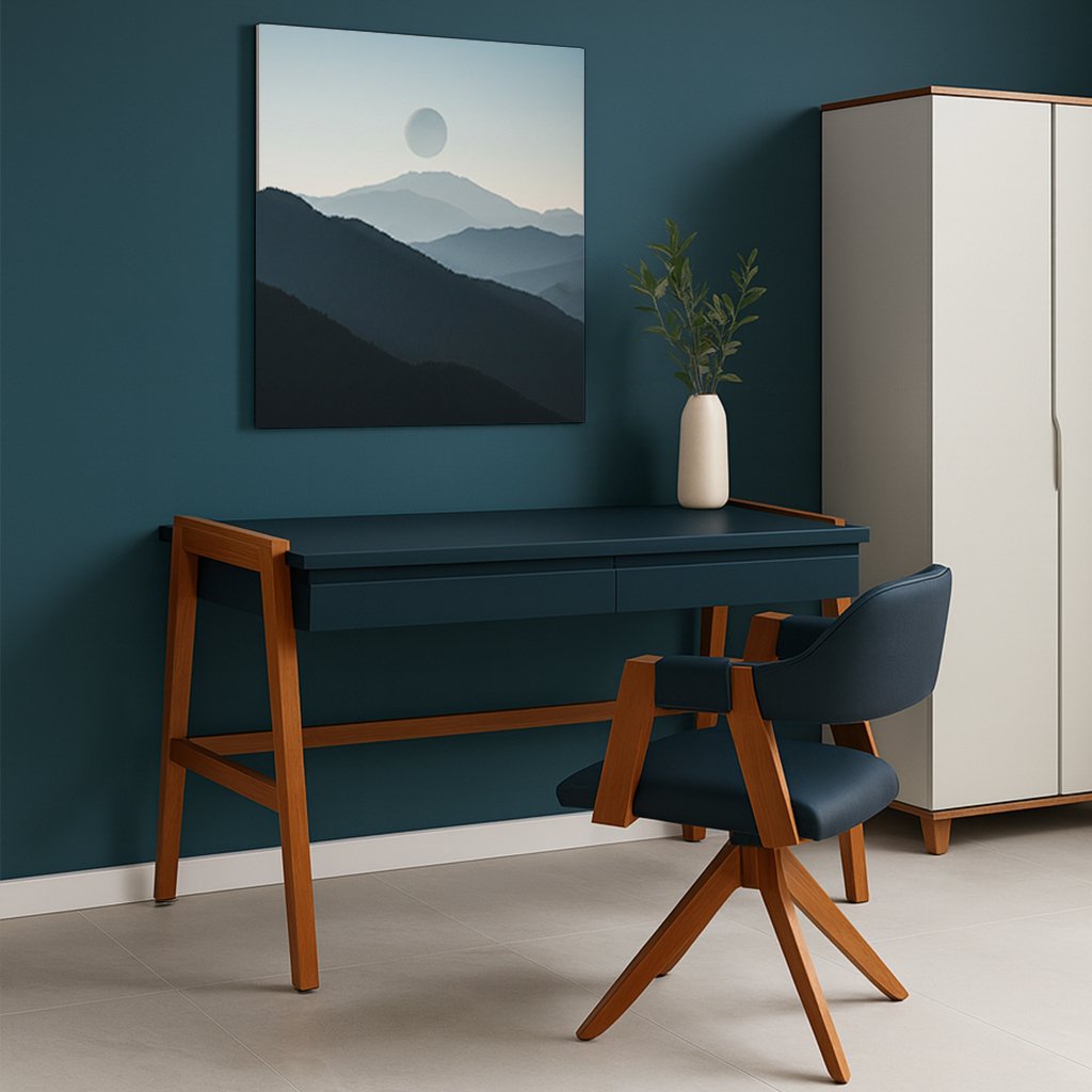 Escrivaninha compacta 110x46 em madeira natural e cinza para espa&ccedil;os pequenos