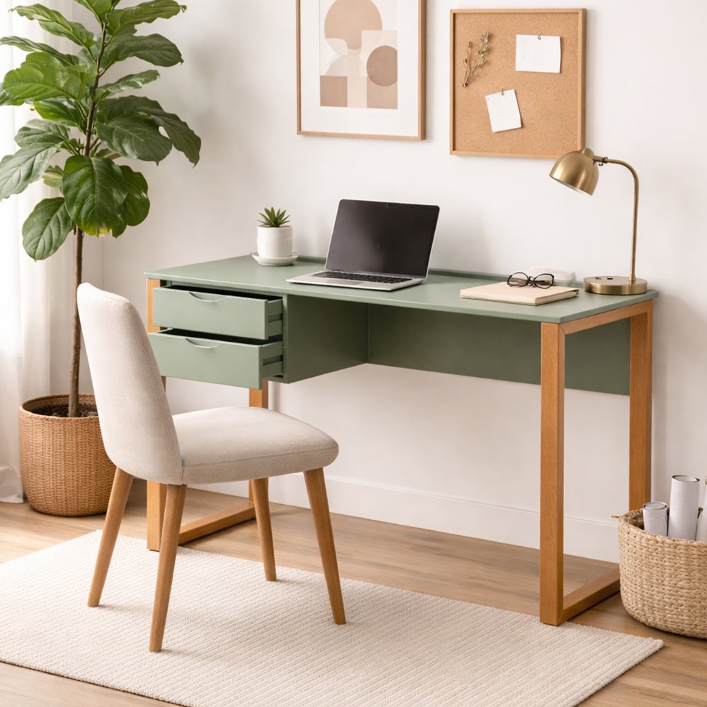 Escrivaninha em madeira com estrutura maci&ccedil;a e verde musgo
