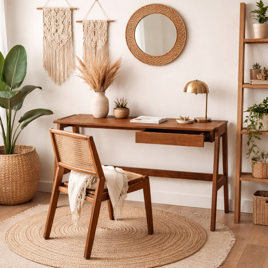 Escrivaninha de madeira natural com tampo branco em home office aconchegante