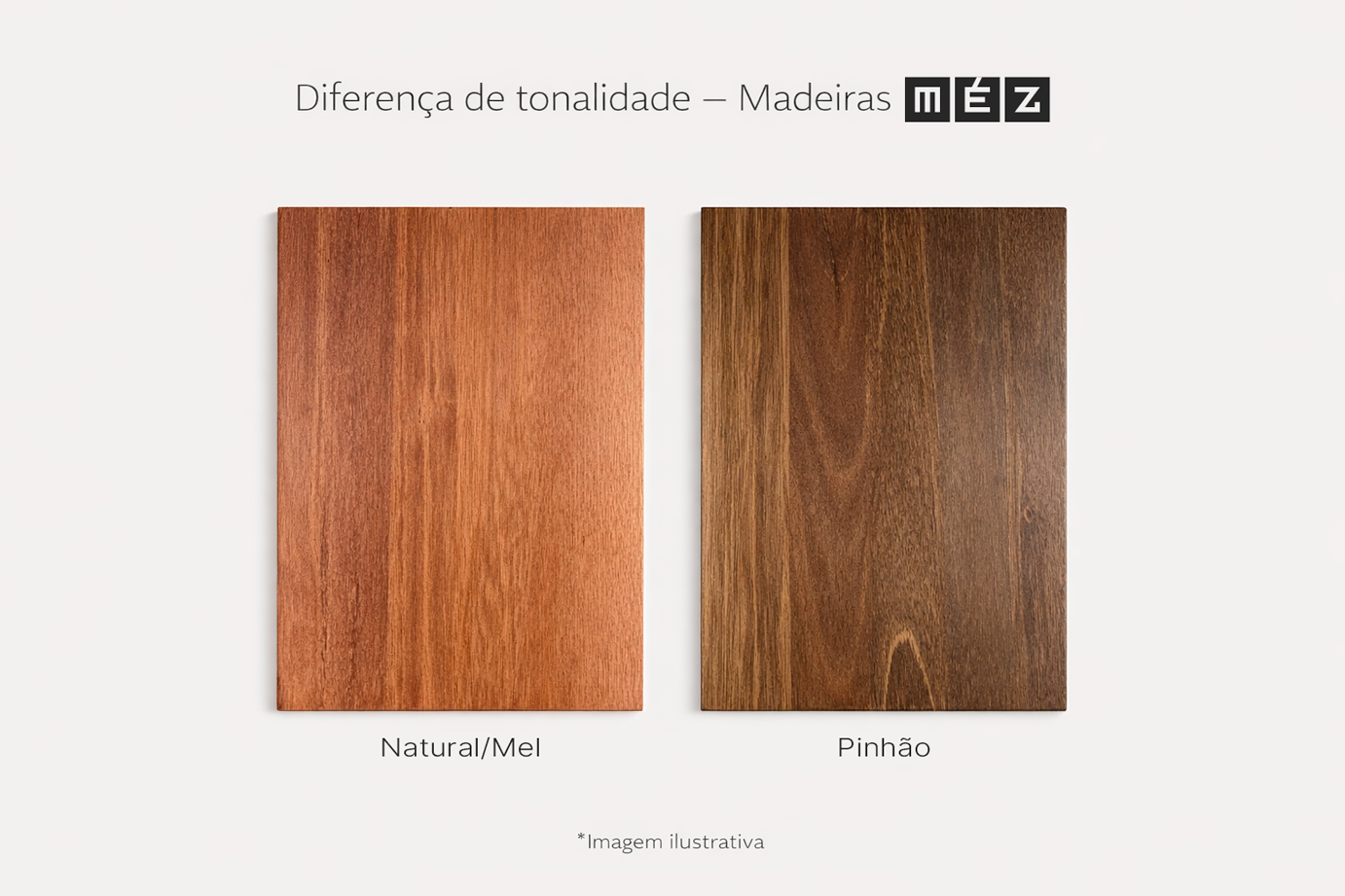 Compara&ccedil;&atilde;o visual entre os tingimentos natural e pinh&atilde;o em madeira M&eacute;z