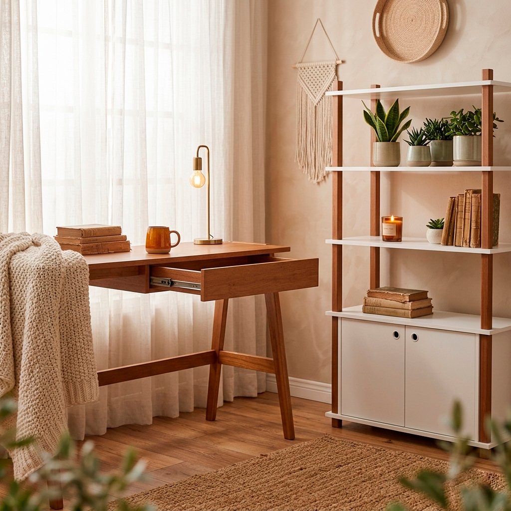 Escrivaninha de madeira natural com tampo branco em home office aconchegante